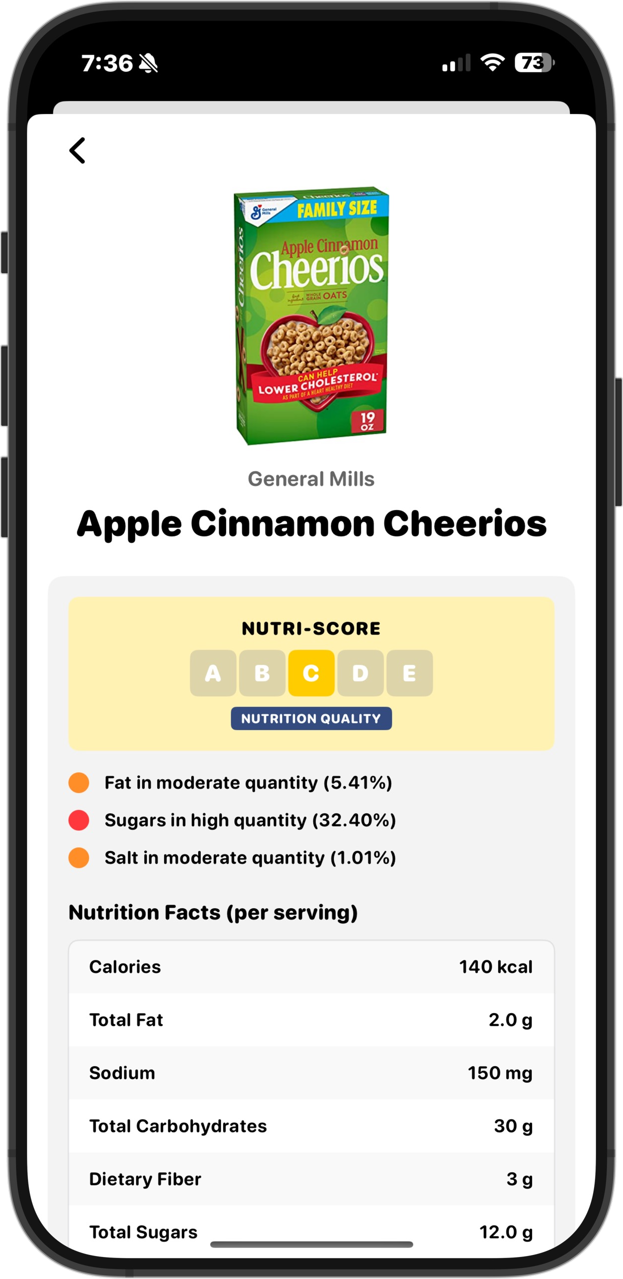 Nutrition facts scanner showing food information