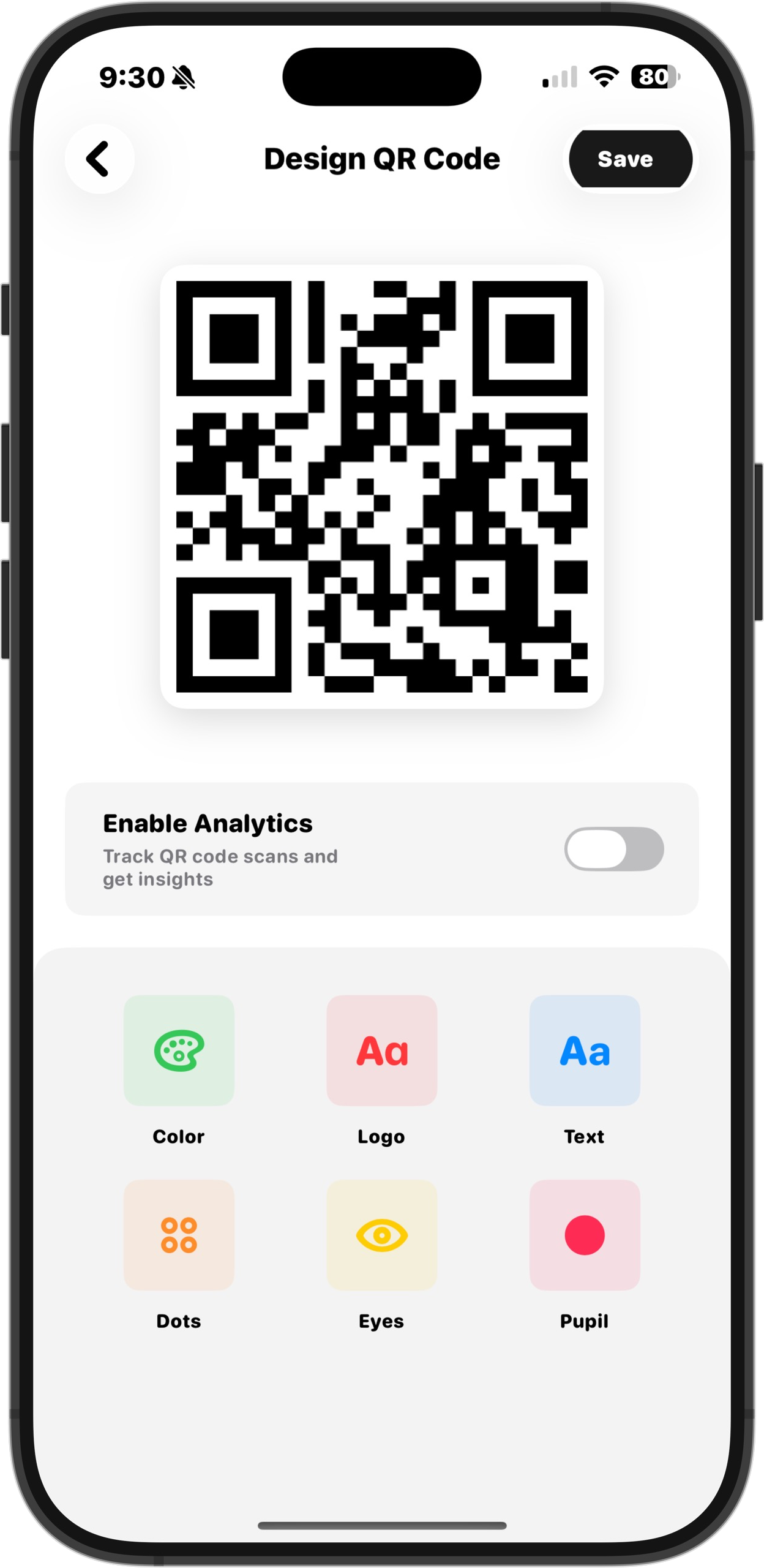 QR code creator interface with customization options